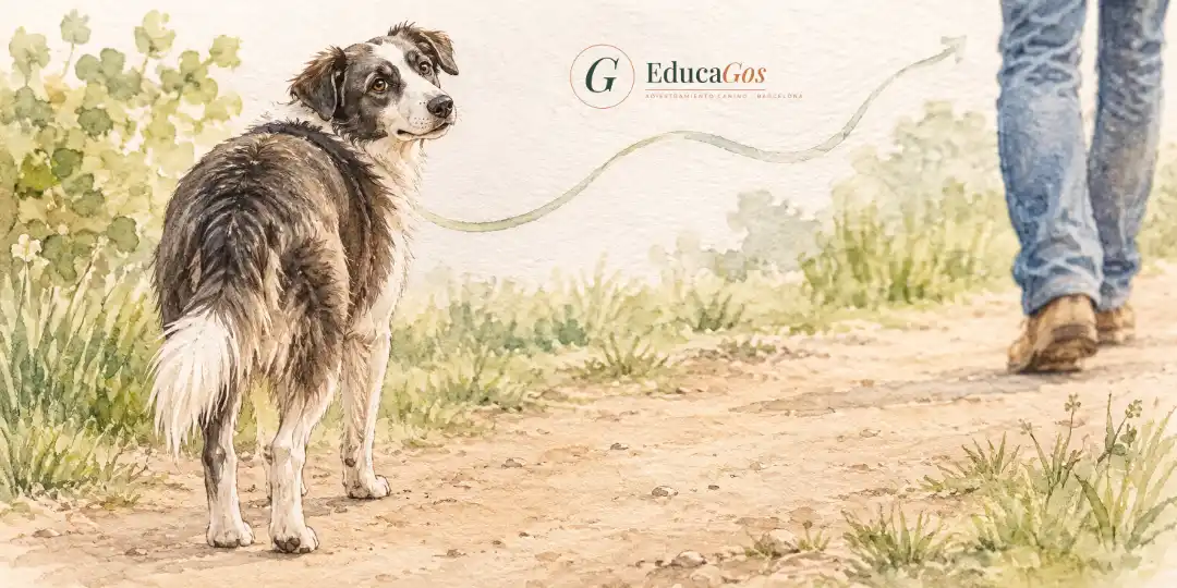 Ilustración de un perro que mira atrás para comprobar dónde está su tutor durante el paseo