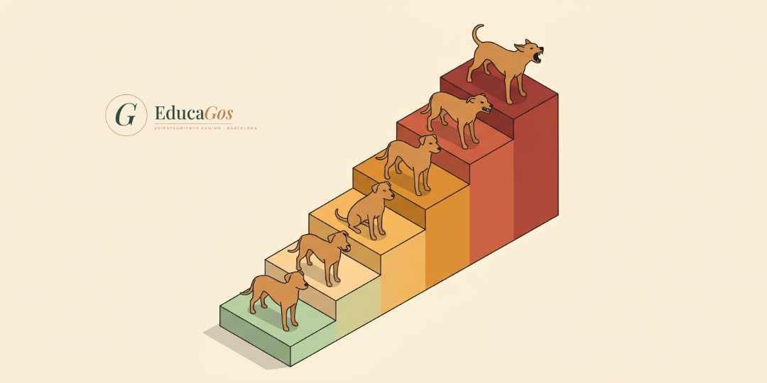 Ilustración de la escalera de señales que muestra un perro antes de morder, desde girar la cabeza hasta el gruñido